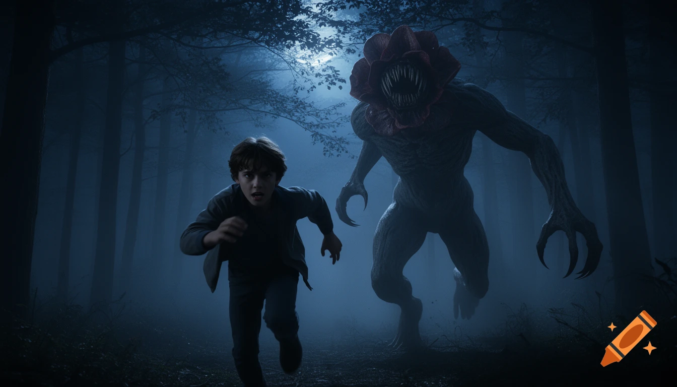 A frightened young boy runs through a dark, foggy forest, pursued by a tall, flower-headed monster with sharp teeth and claws. Photorealistic cinematic style.