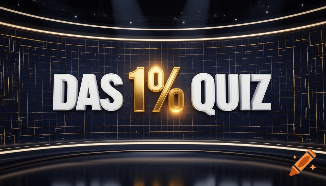 Futuristic TV game show title screen with glowing gold "1%" and white "DAS QUIZ" text on a dark digital grid background.