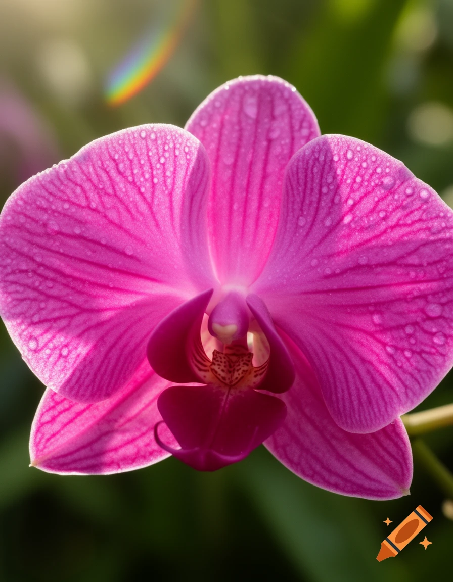 Close-up of a vibrant pink orchid with water droplets on its petals, with a subtle rainbow lens flare in the soft background.