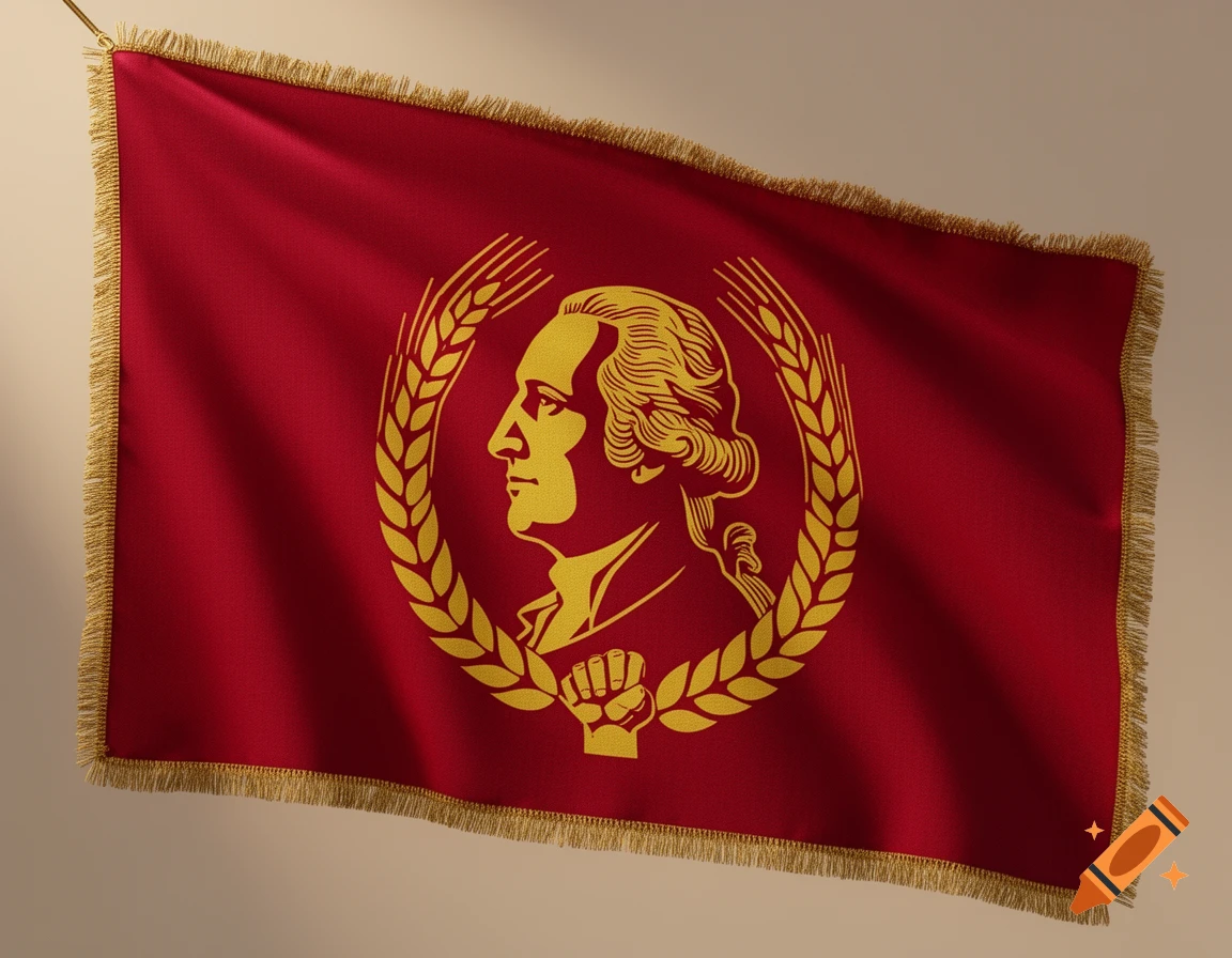 Red flag with a gold George Washington profile in a wheat wreath, a raised fist below, and gold fringe.
