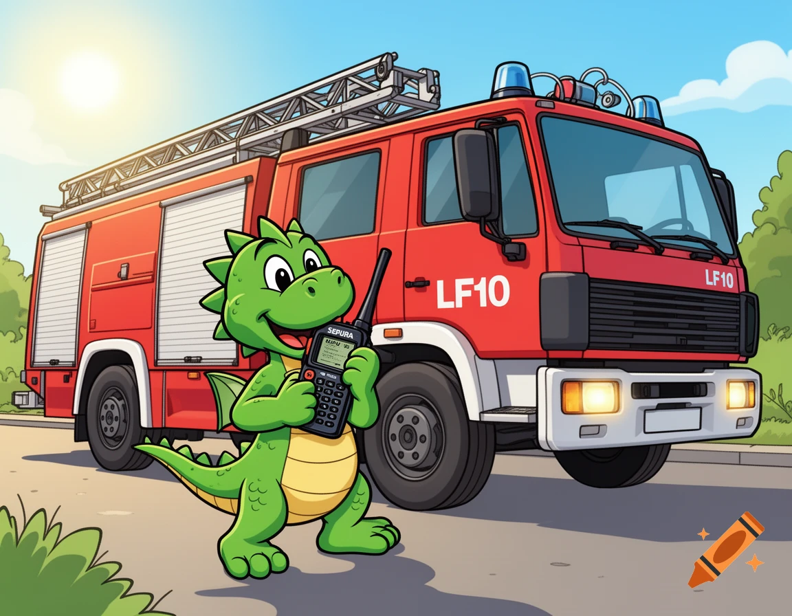 A friendly green cartoon dragon holds a Sepura walkie-talkie in front of a red LF10 fire truck on a sunny day.
