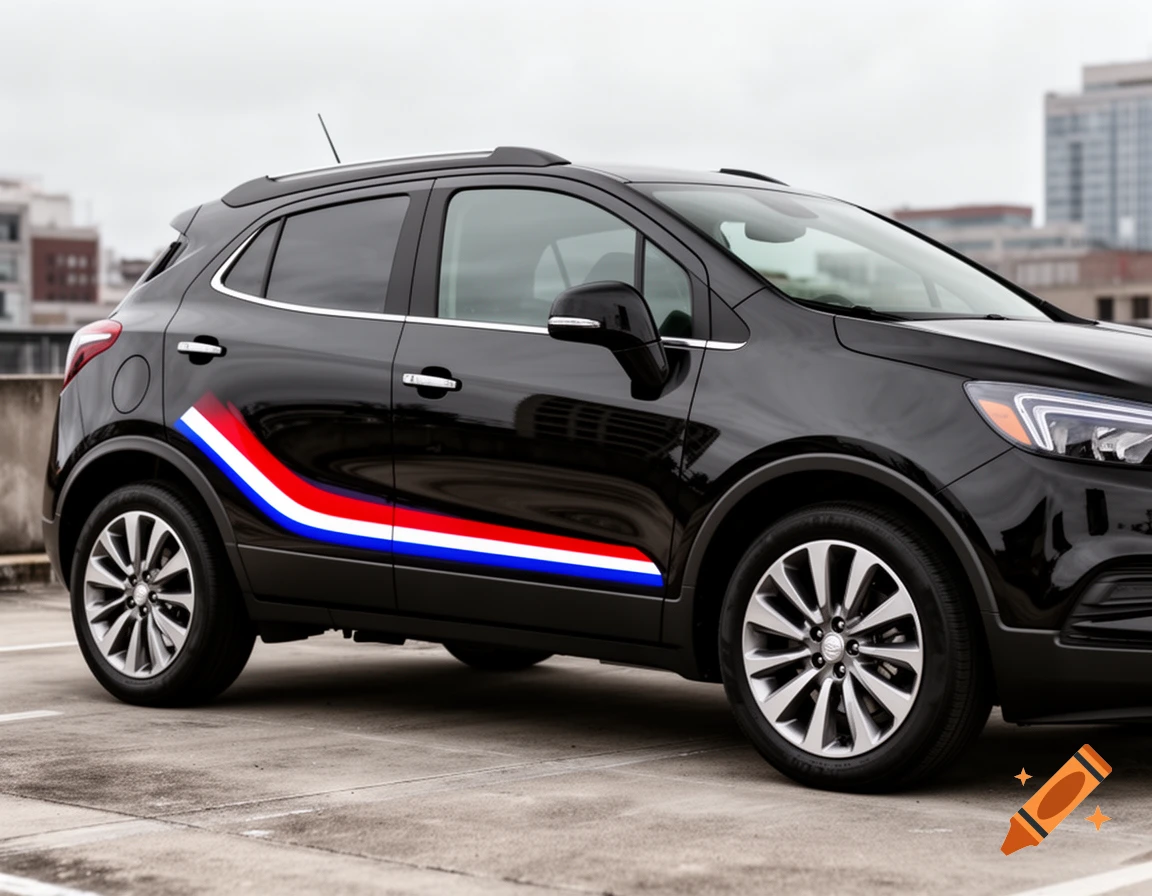A black 2020 Buick Encore SUV parked on a concrete surface, featuring a red, white, and blue stripe along its side.