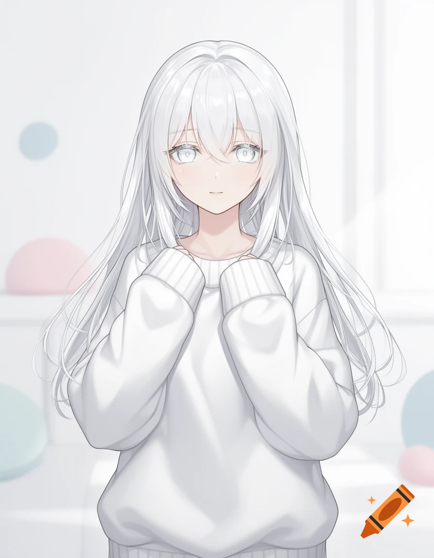 Anime girl with long white hair and glowing white eyes, wearing a loose white oversized sweater.