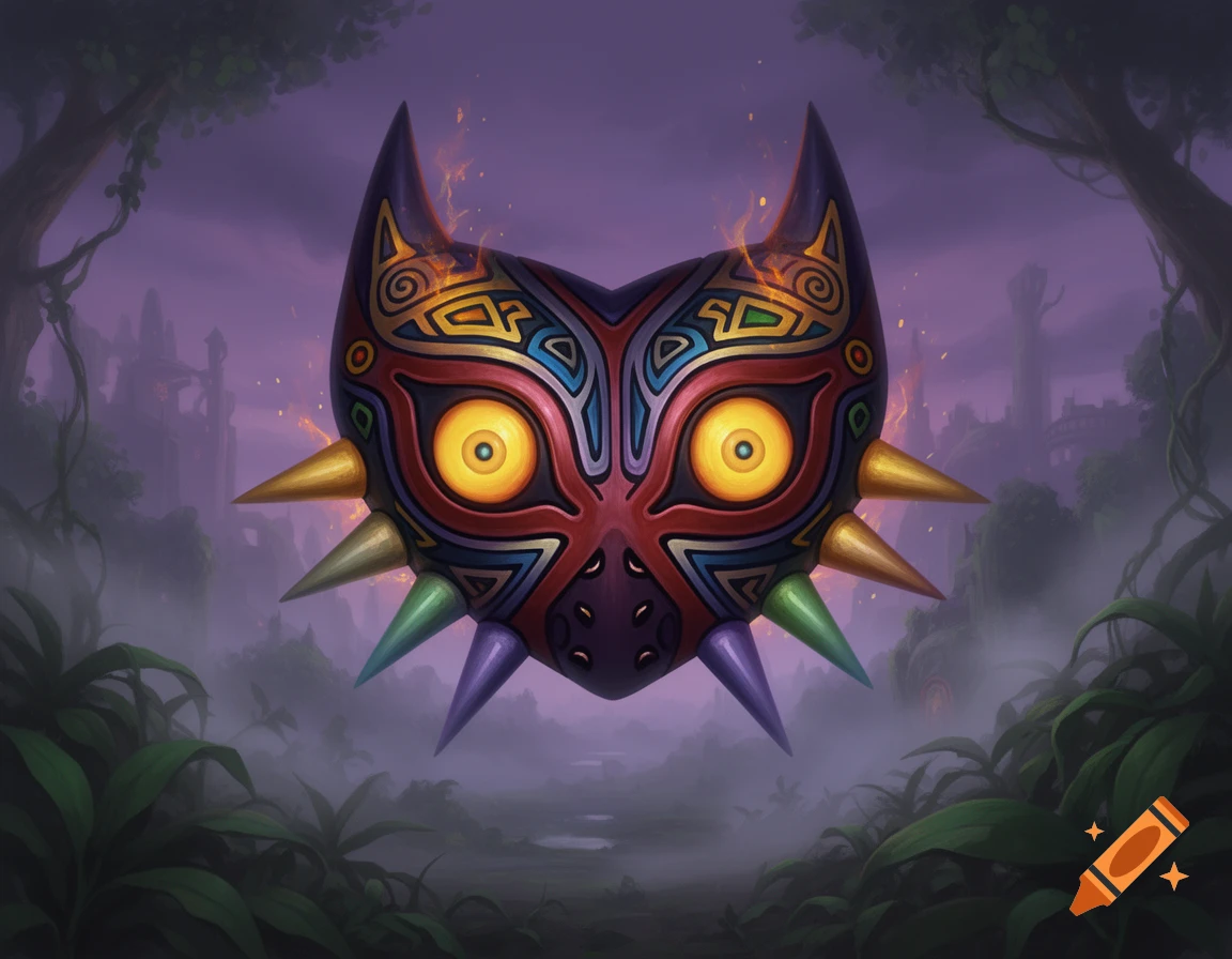 A colorful, horned Majora's Mask with glowing yellow eyes floats in a mystical, foggy forest with ancient ruins at dusk.