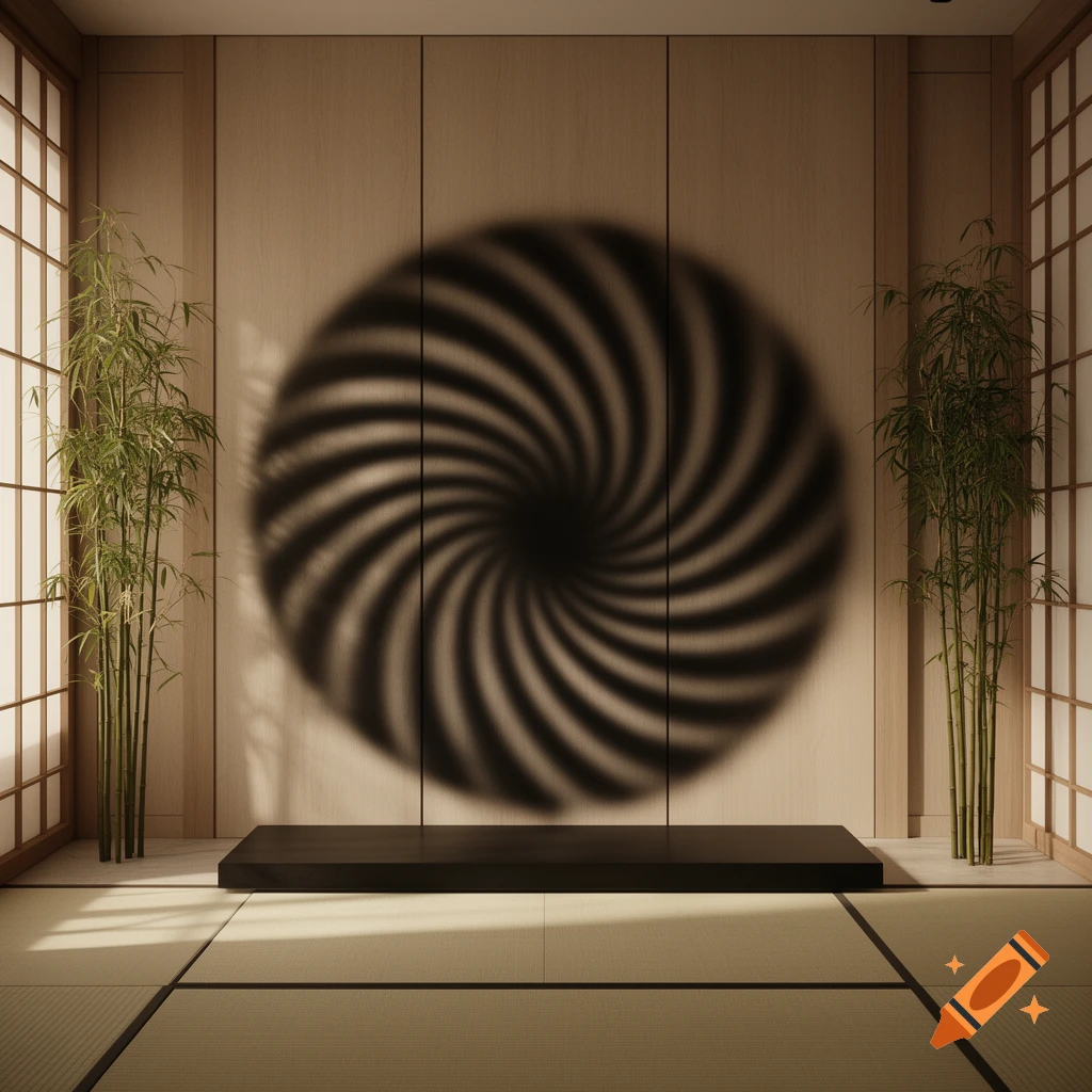 A minimalist Japanese interior with tatami mats, shoji screens, bamboo plants, and a large spiral shadow on the wall.