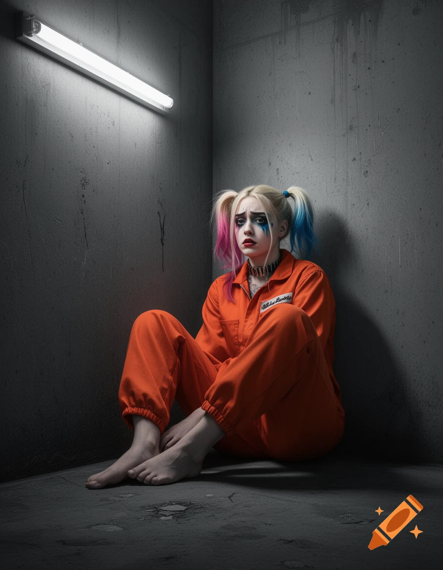 Depressed Harley Quinn in an orange prison jumpsuit sits barefoot on the floor of a stark, concrete cell under a fluorescent light, photorealistic.