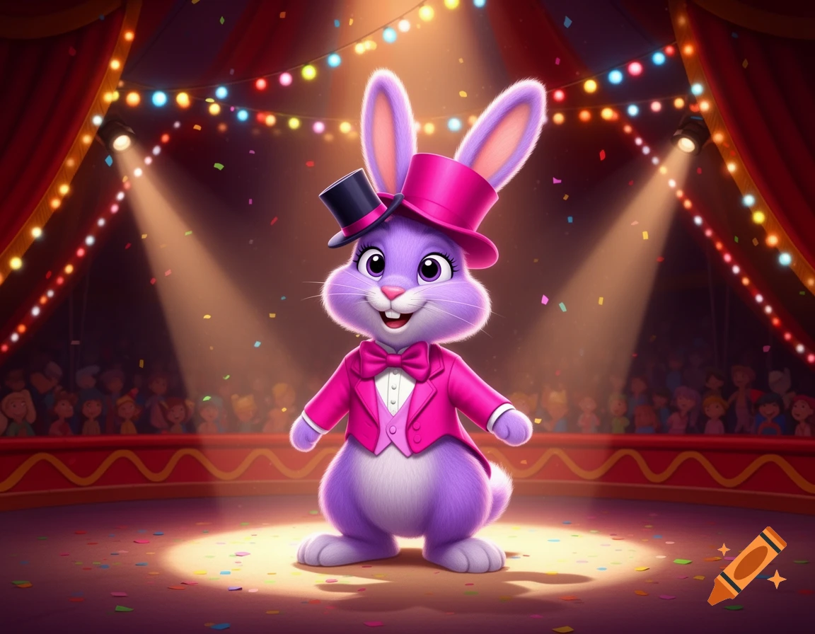 A happy purple cartoon bunny wearing a pink tuxedo and top hat stands in a spotlight on a circus stage with confetti.