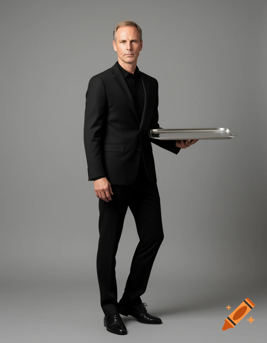 A man in a black suit holds a silver tray, looking directly at the viewer in a studio setting. Photorealistic.