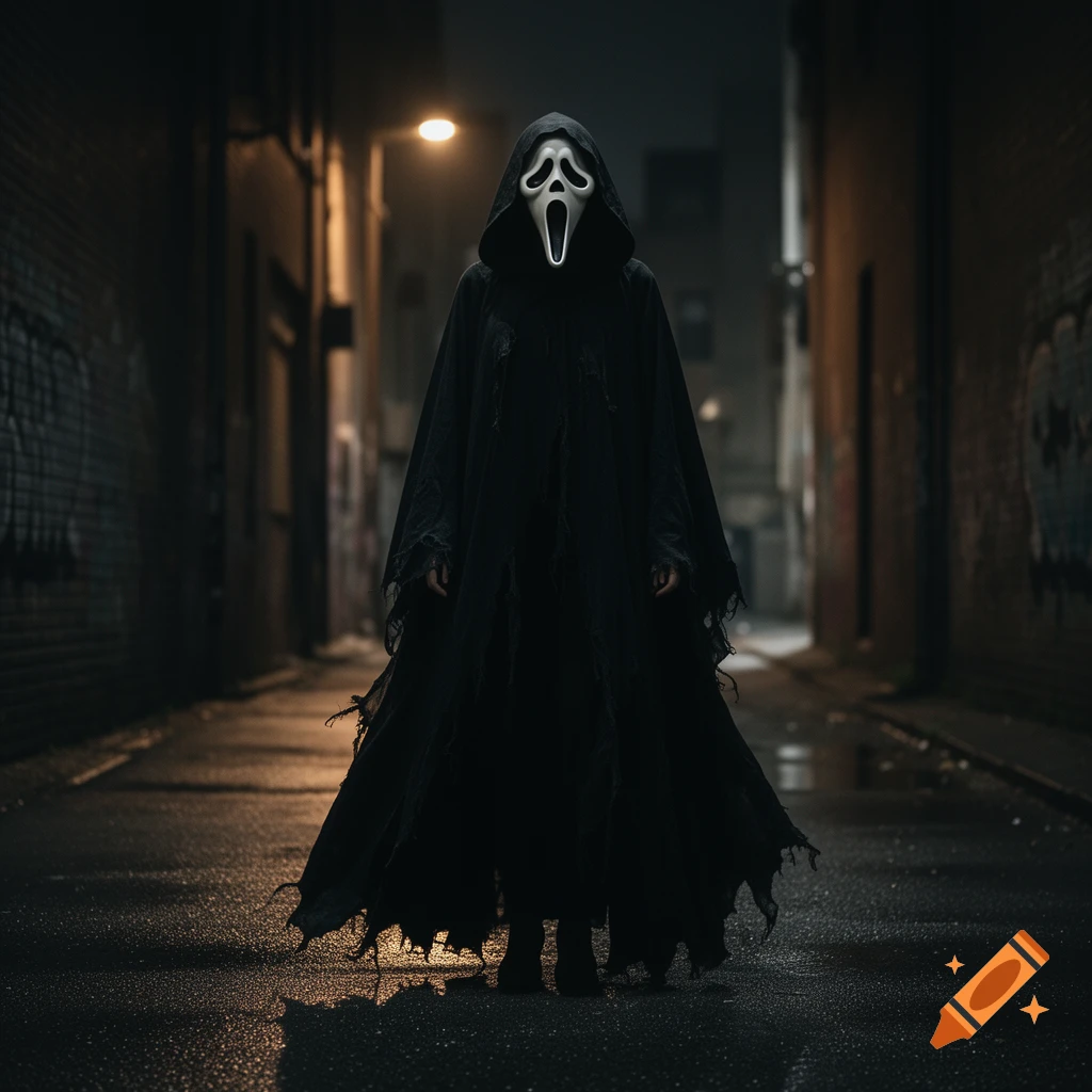 A dark, ominous figure wearing a white Ghostface mask and a tattered black robe stands in a dimly lit, wet alleyway.