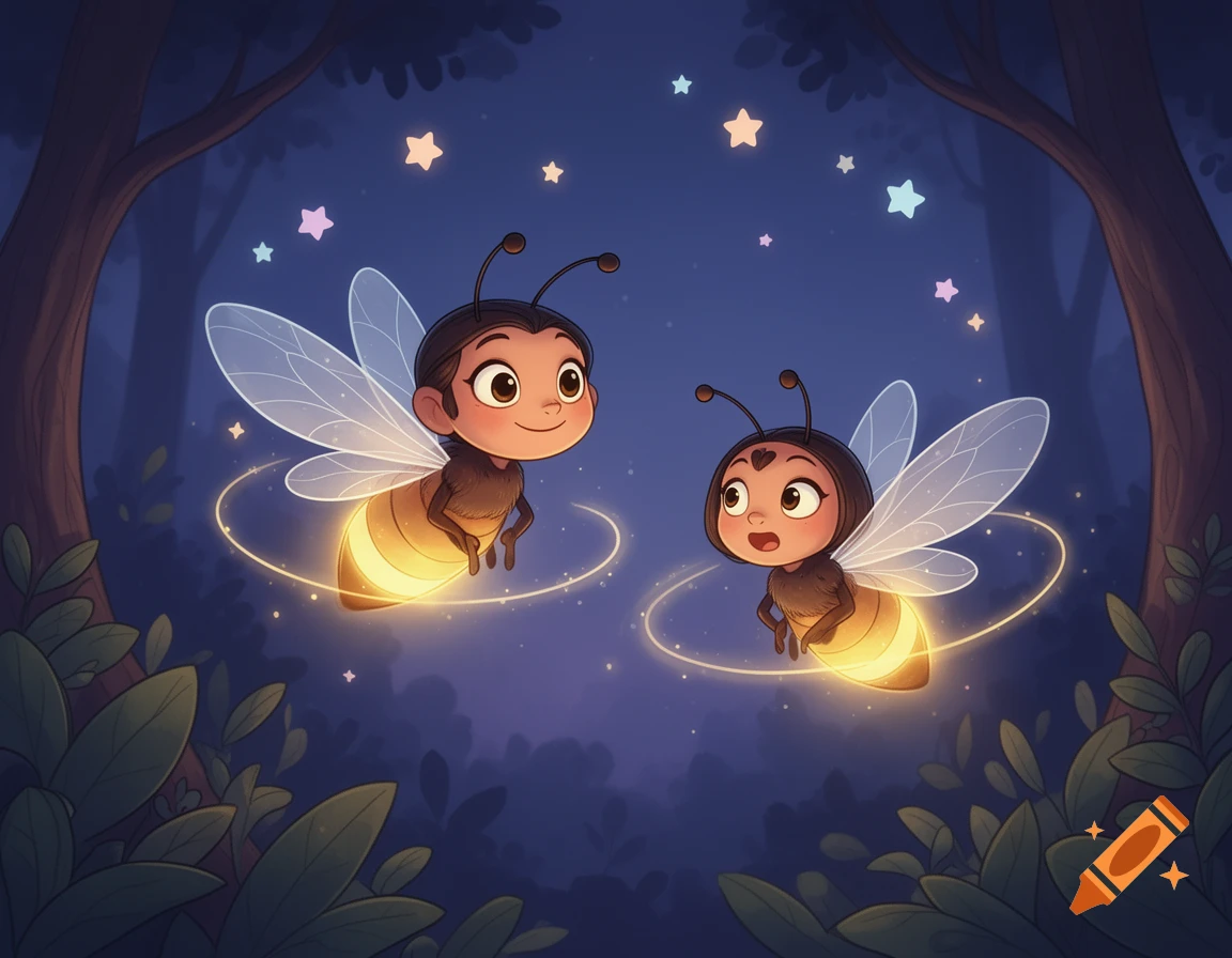 Two cute cartoon fireflies with glowing abdomens and clear wings fly in a dark forest at night, surrounded by tiny stars.