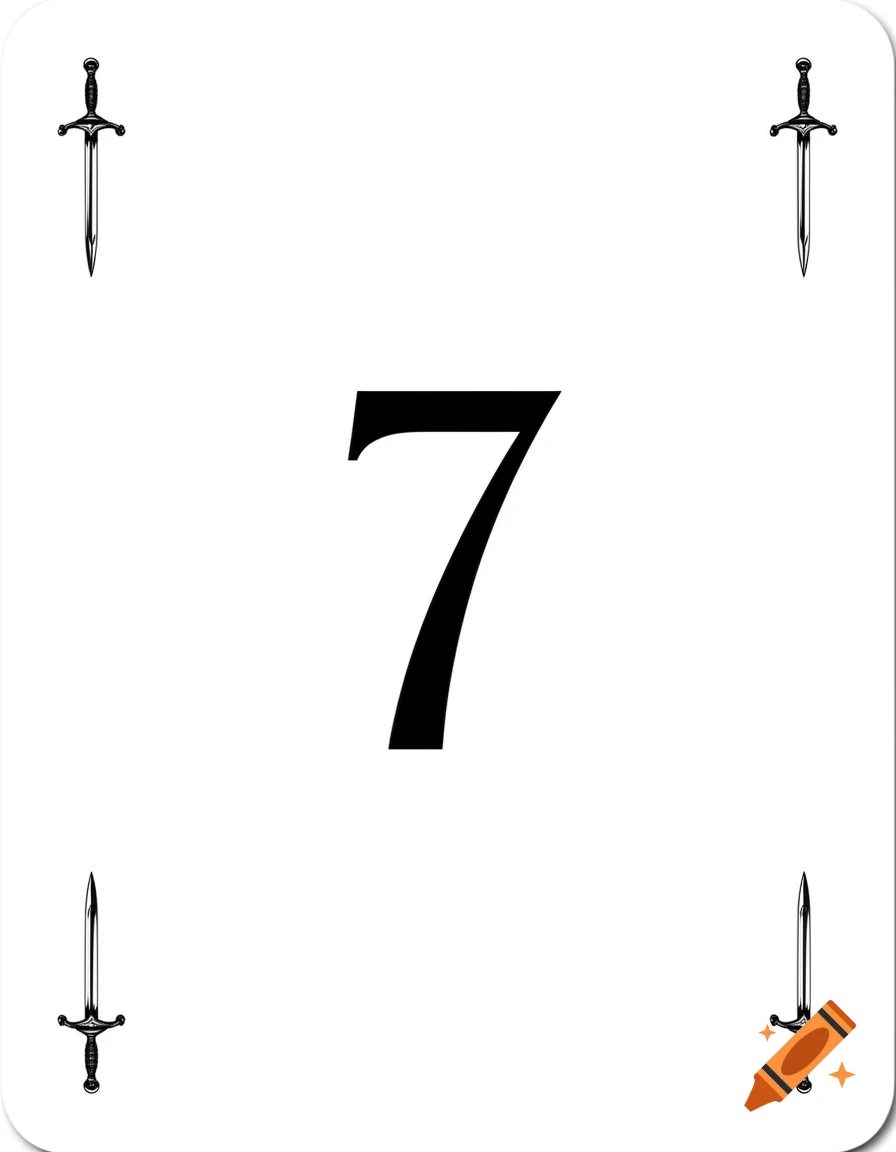 A white playing card with a large black number 7 in the center and a black sword symbol in each of its four corners.