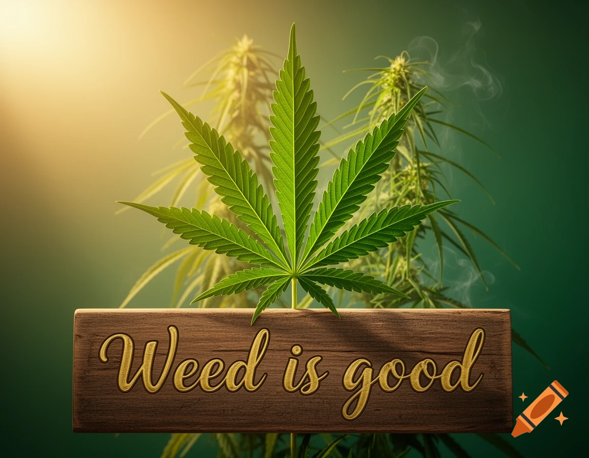 A close-up of a vibrant green cannabis leaf and plant, with a wooden sign in the foreground displaying 'Weed is good' in golden script, all set against a sunlit green background.