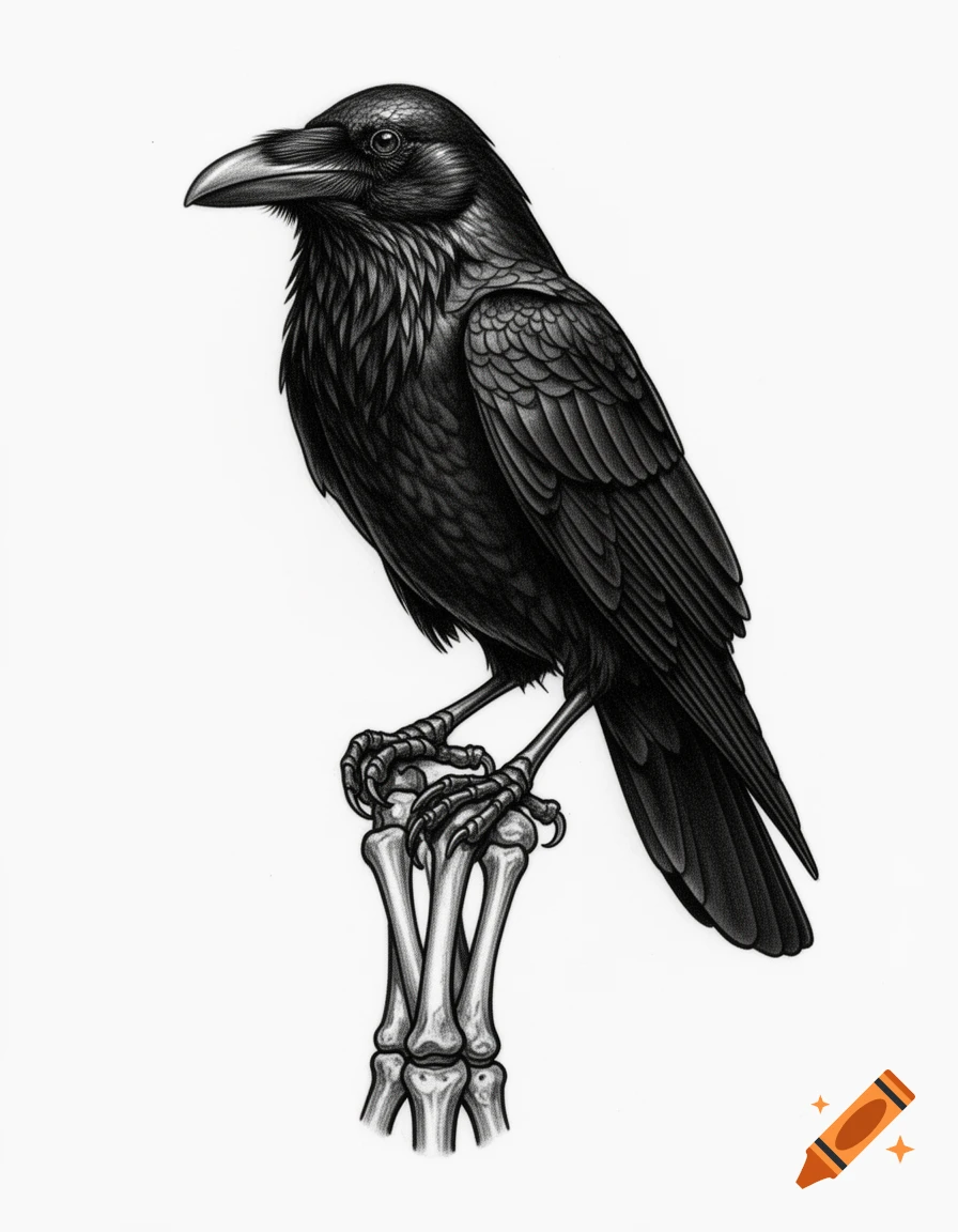 Black and grey tattoo style illustration of a raven perching on a skeletal forearm.