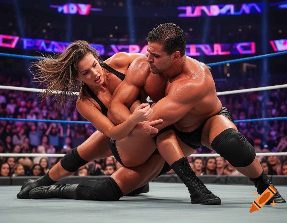 Two muscular wrestlers, a man and a woman, grapple intensely in a brightly lit ring, both appearing sweaty.