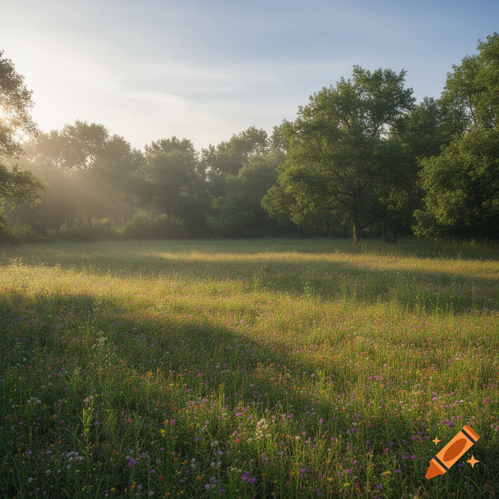 Sunlight streams through trees into a vibrant, wild flower-filled meadow on a clear morning.