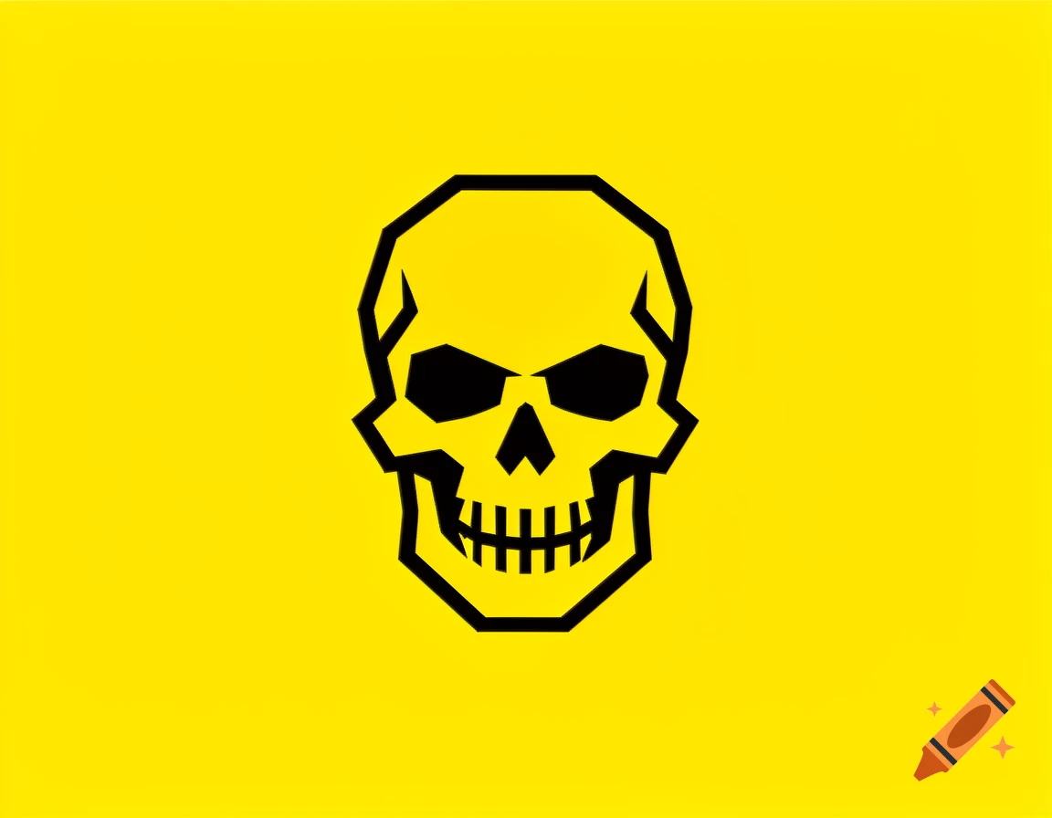 A stylized black skull icon with a faceted outline on a solid bright yellow background.
