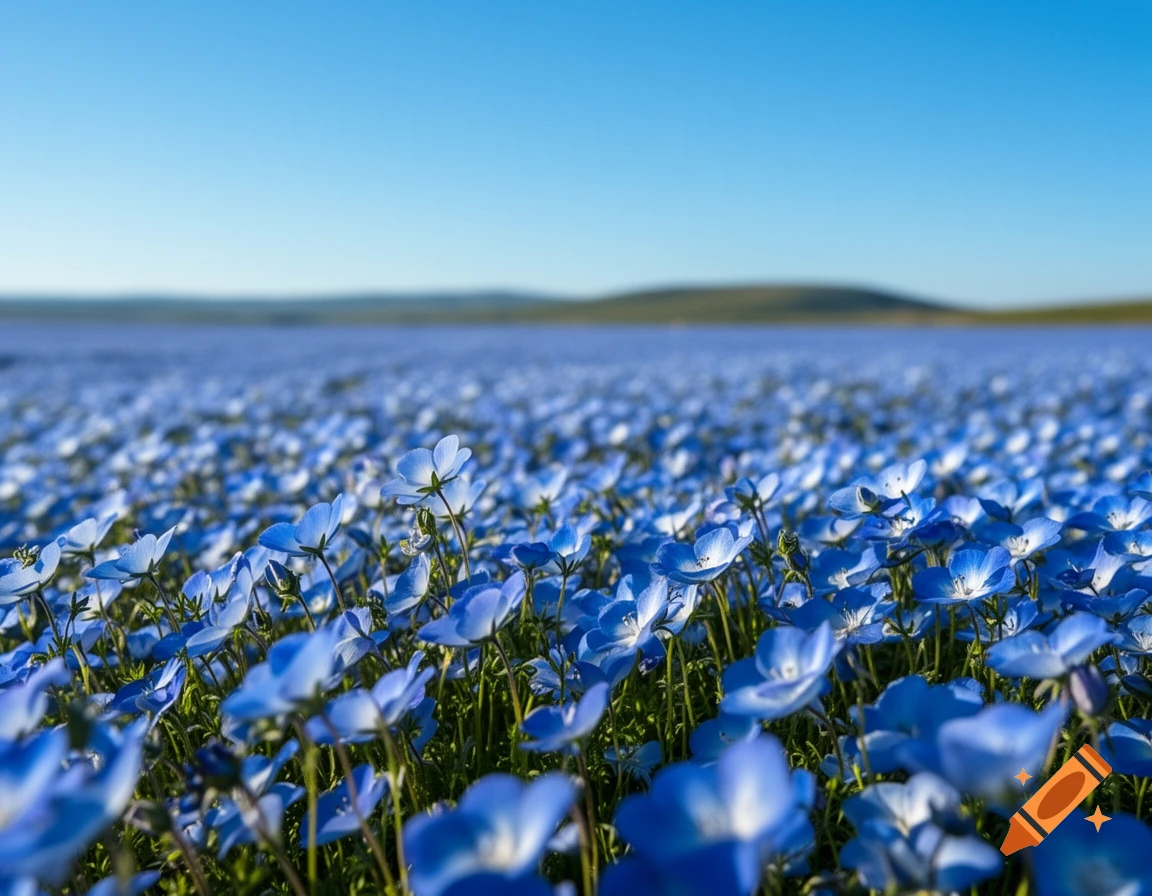 A vast field of small blue flowers under a clear blue sky, with distant hills on the horizon in a photorealistic style.