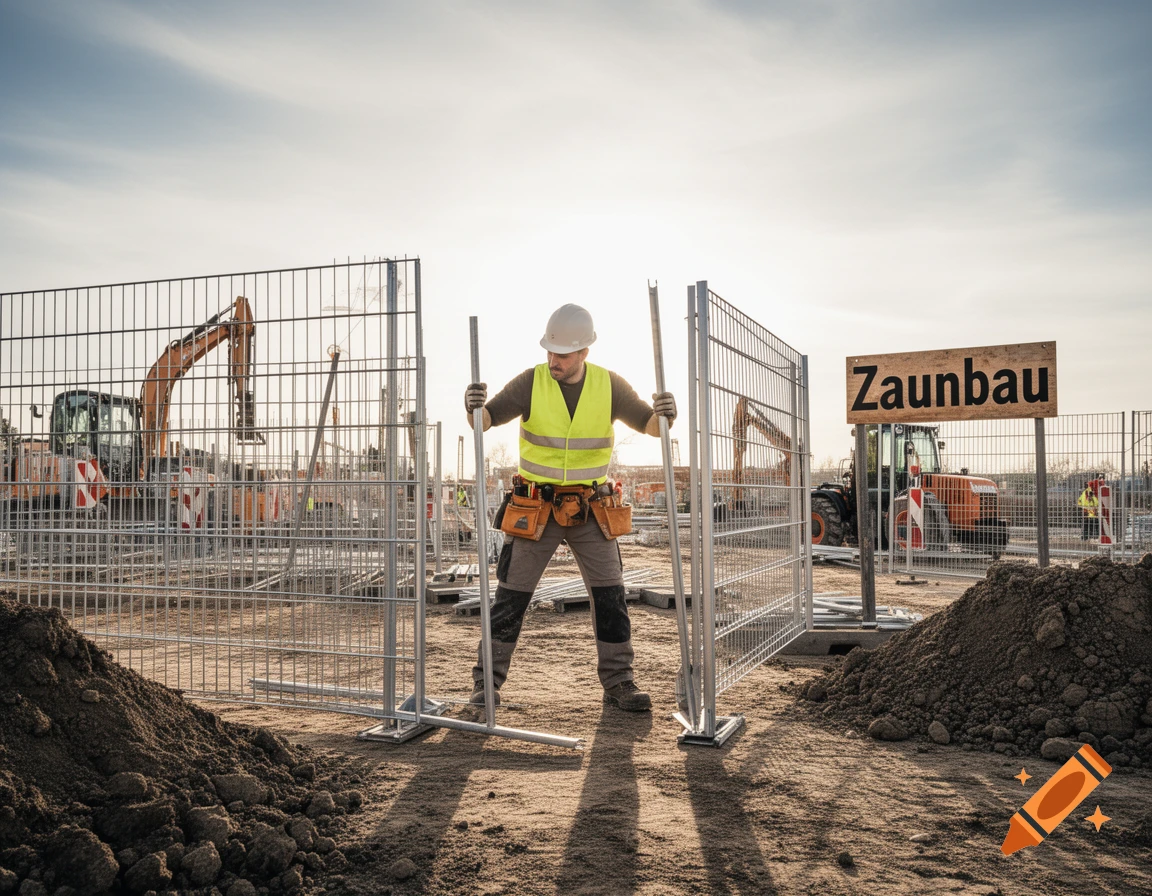 A construction worker in a hard hat and high-vis vest stands on a dirt construction site, holding fence panels. Heavy machinery and a "Zaunbau" sign are in the background.