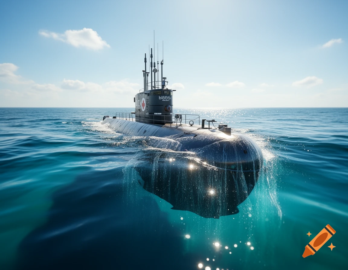 A dark grey submarine with a red cross symbol surfaces in a vibrant blue ocean, creating a splash under a clear sky.