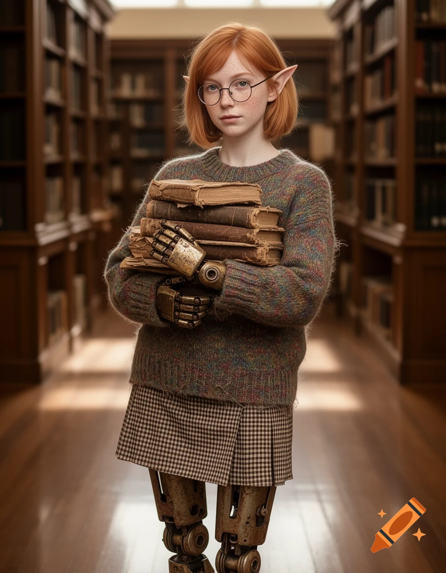 A young red-haired female elf with round glasses, a robot arm, and robot legs, wearing a knitted sweater and plaid skirt, holds old books in a library.