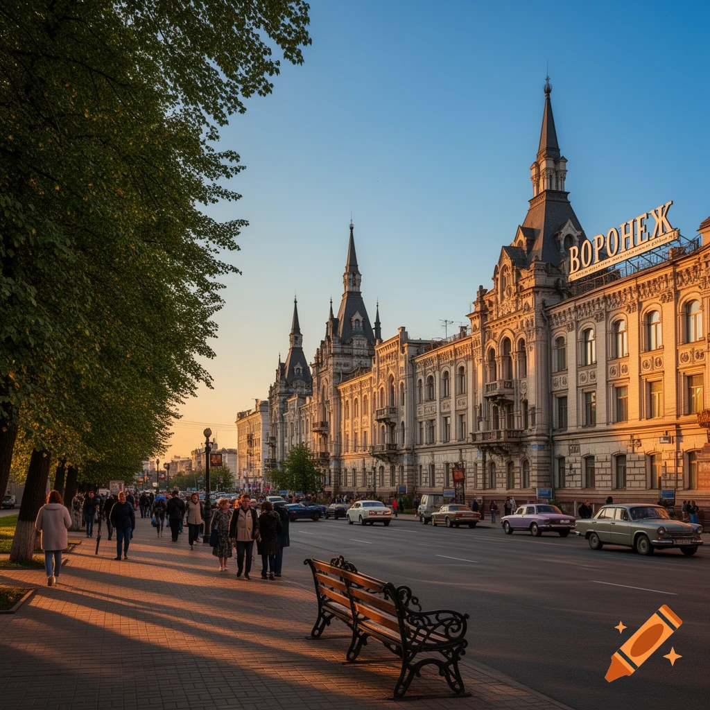 Photorealistic street scene at sunset, with historic buildings featuring spires, people walking, and cars on the road.
