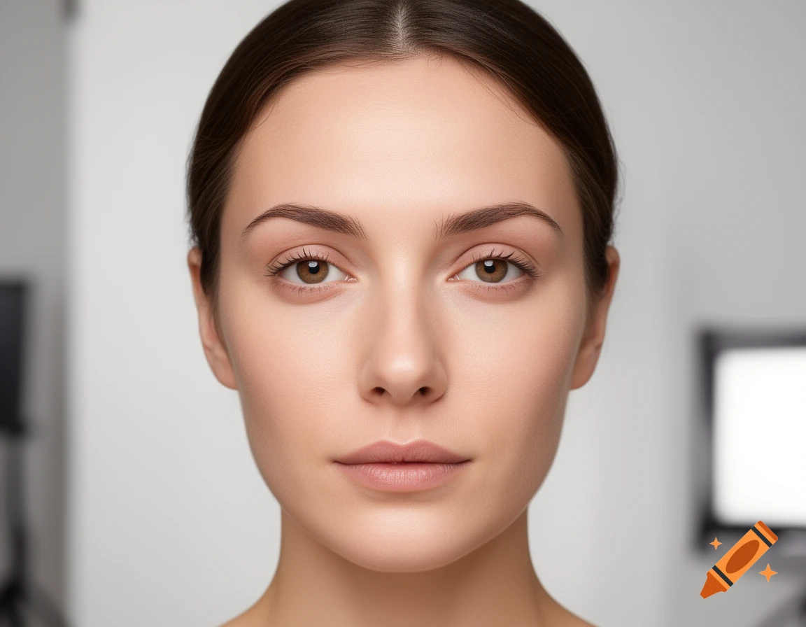 A photorealistic close-up portrait of a young woman with brown hair and light brown eyes, looking directly at the viewer.