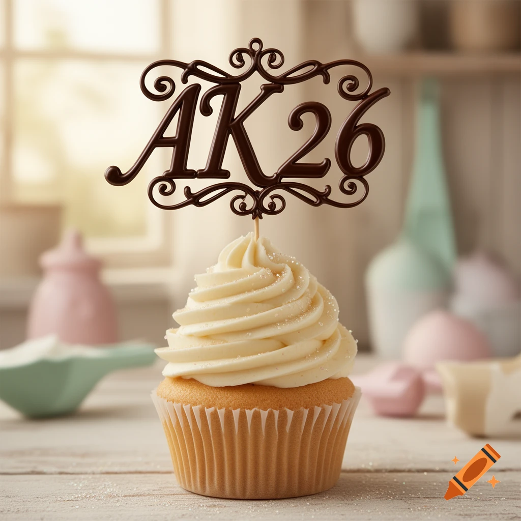 A close-up, photorealistic image of a vanilla cupcake topped with white frosting and a dark chocolate 'AK26' topper.