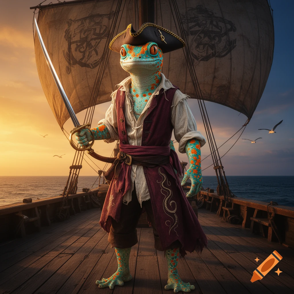 A photorealistic Tokay gecko pirate in a tricorn hat and tattered clothes stands with a rapier on a ship deck at sunset.