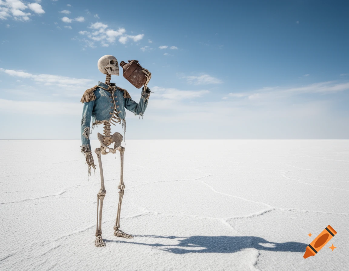 A skeleton in a tattered blue military uniform drinks from a canteen, standing in a vast white salt flat under a clear blue sky.