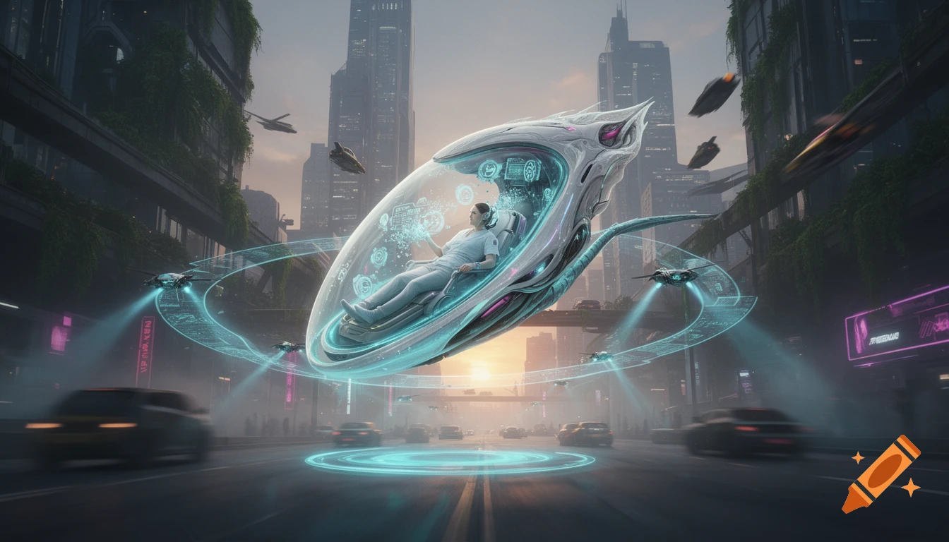A sleek, futuristic medical transport pod with a patient inside, levitates above a glowing city street, escorted by drones in a neon-lit megacity at dusk, in a cinematic sci-fi style.