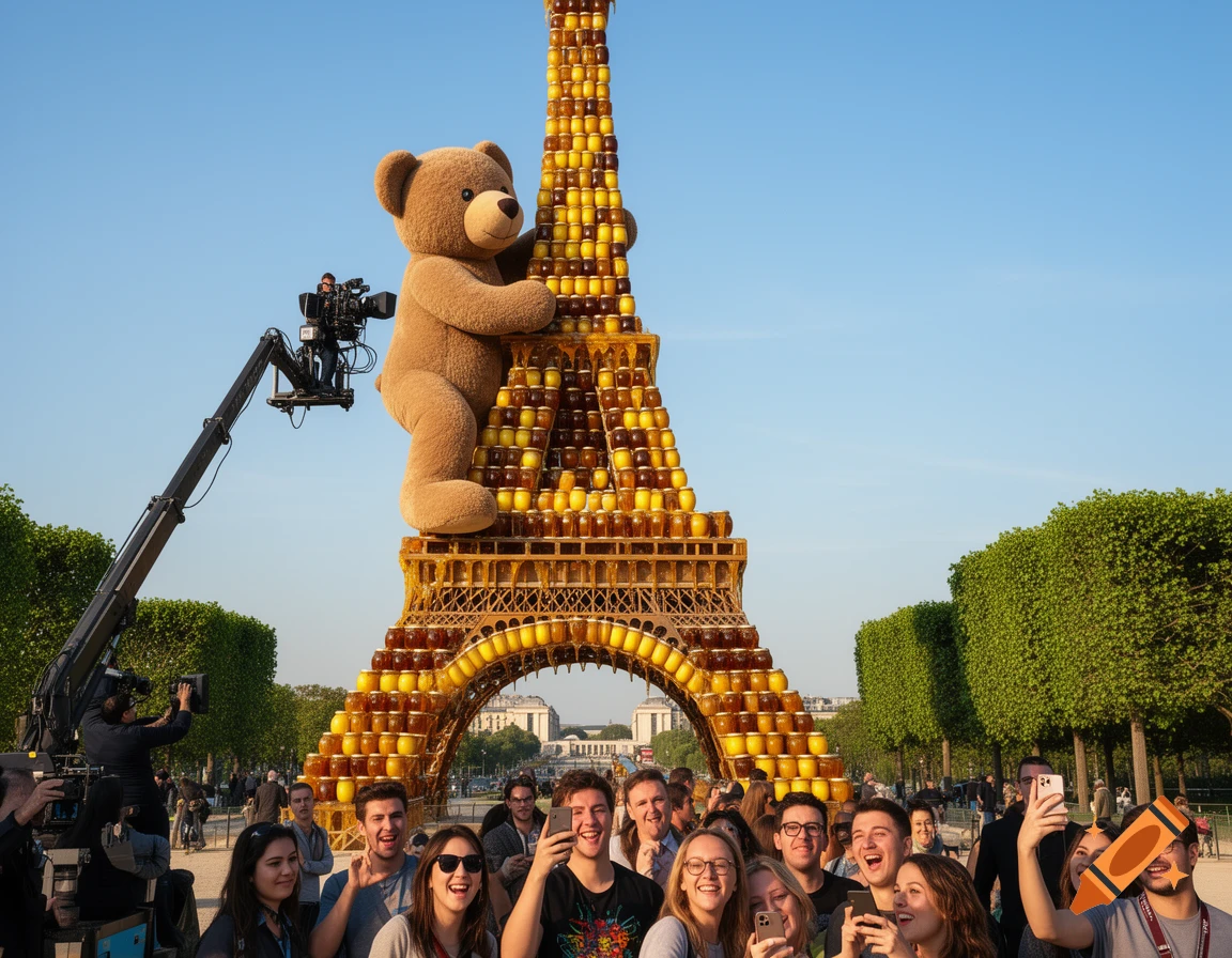 Giant teddy bear climbing an Eiffel Tower made of honey jars, with a crowd taking selfies at Champ de Mars, Paris.