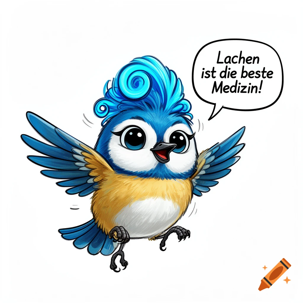 A cute cartoon blue tit with blue and yellow feathers, large eyes, and a blue crest, smiling and flying. A speech bubble says "Lachen ist die beste Medizin!"