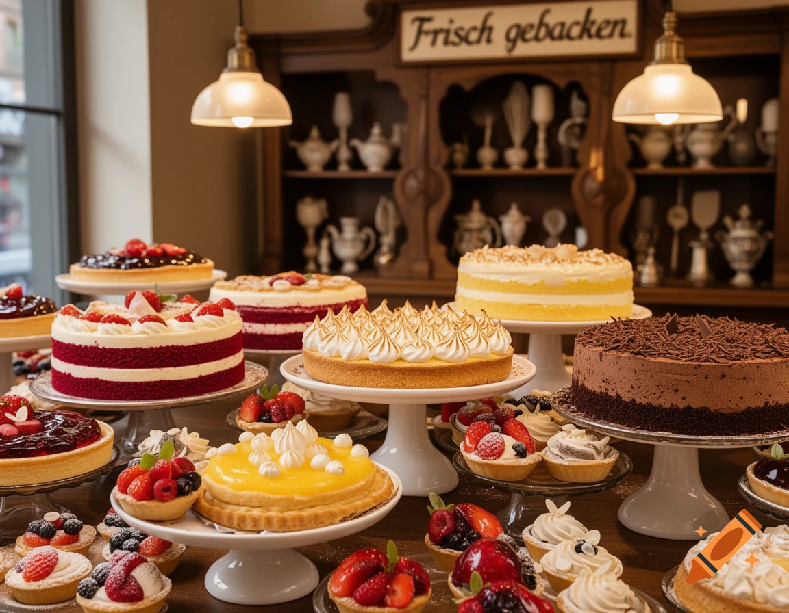 A lavish display of various cakes, tarts, and small pastries adorned with fruits and cream, in a rustic bakery setting with a sign reading "Frisch gebacken".
