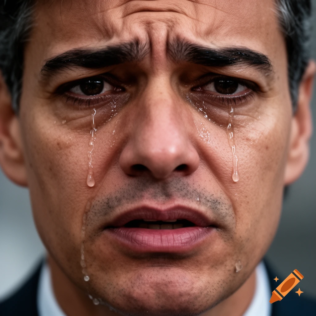 Close-up photorealistic portrait of a man with tears streaming down his face, looking distressed.