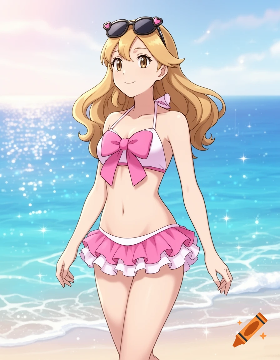 Anime character Serena from Pokémon smiles on a beach, wearing a pink and white bikini with ruffles and a bow, with sunglasses on her head.