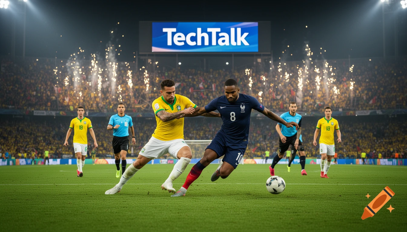 Two football players, Brazil vs France, tackle for the ball on a stadium field at night with fireworks and a 'TechTalk' scoreboard.