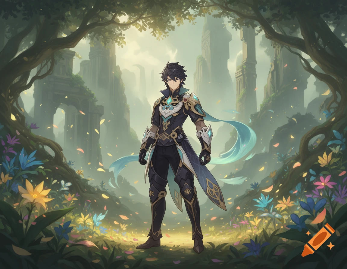 A male anime character with dark hair and a teal and gold outfit stands in a magical forest with ancient ruins.