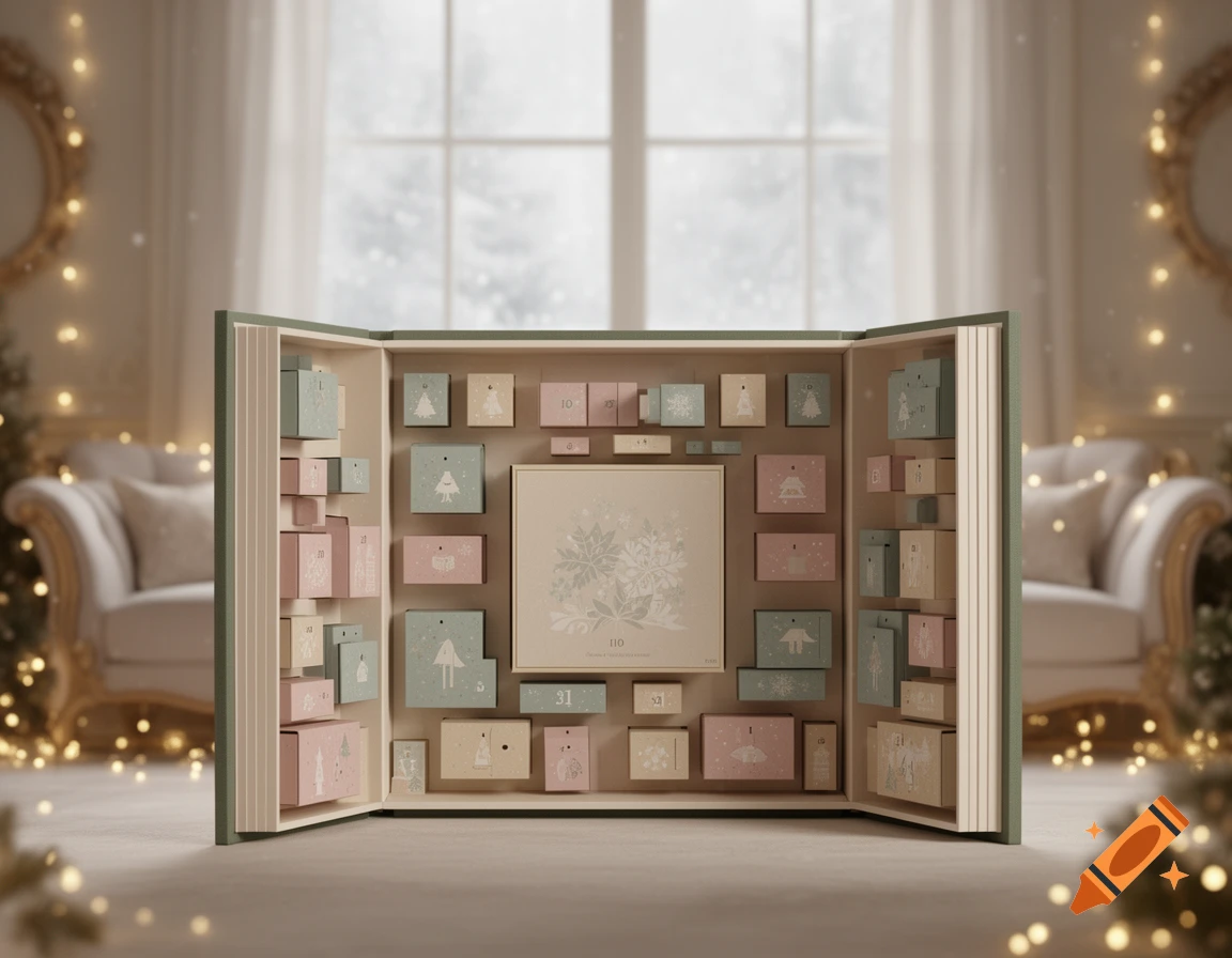 3D render of an open advent calendar resembling a hardcover book, filled with various pastel-colored cardboard boxes. It sits in a cozy, softly lit Christmas interior with blurred string lights and a window showing a snowy scene.