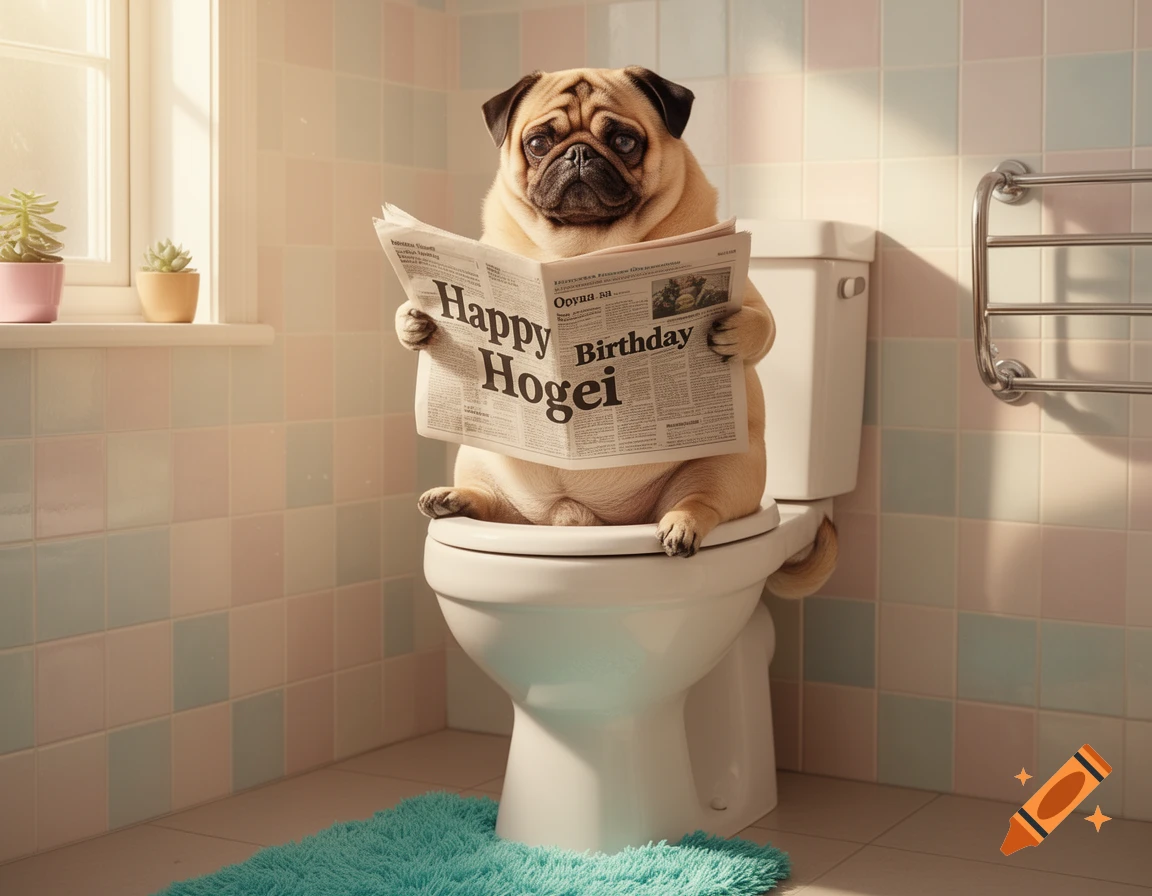 Photorealistic pug on a toilet reading a newspaper that says 'Happy Birthday Hogei' in a tiled bathroom.