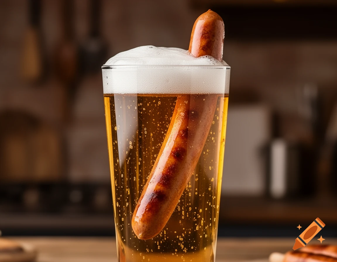A photorealistic close-up of a grilled sausage standing upright in a glass of amber beer with a foamy head.