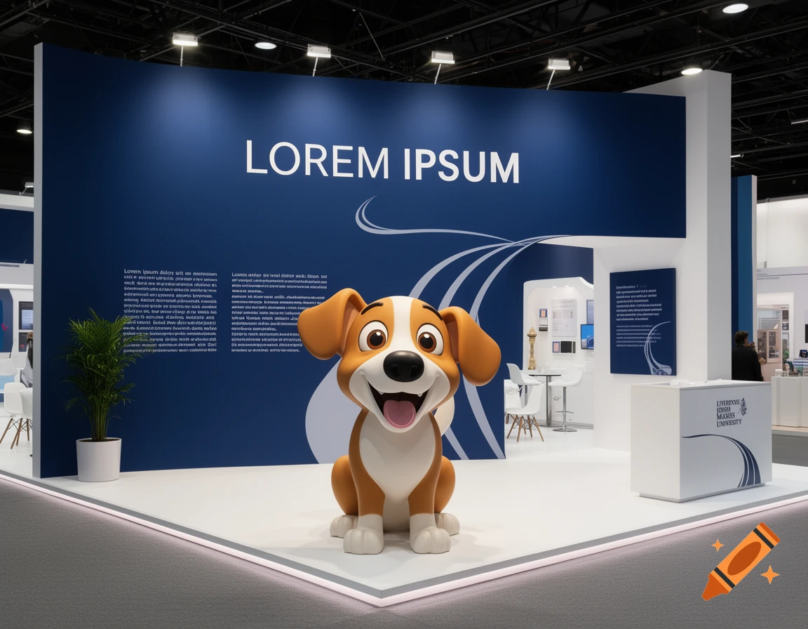 A clean, bright exhibition stand with a large cartoon dog mascot, prominent "LOREM IPSUM" text, and "Liverpool John Moores University" branding, rendered in a photorealistic style.