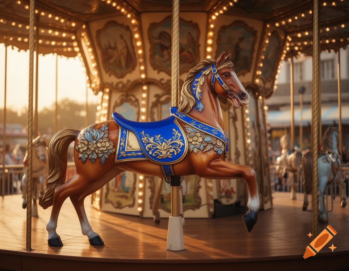 A decorative brown carousel horse with a blue and gold saddle and bridle, brightly lit by warm golden hour light.