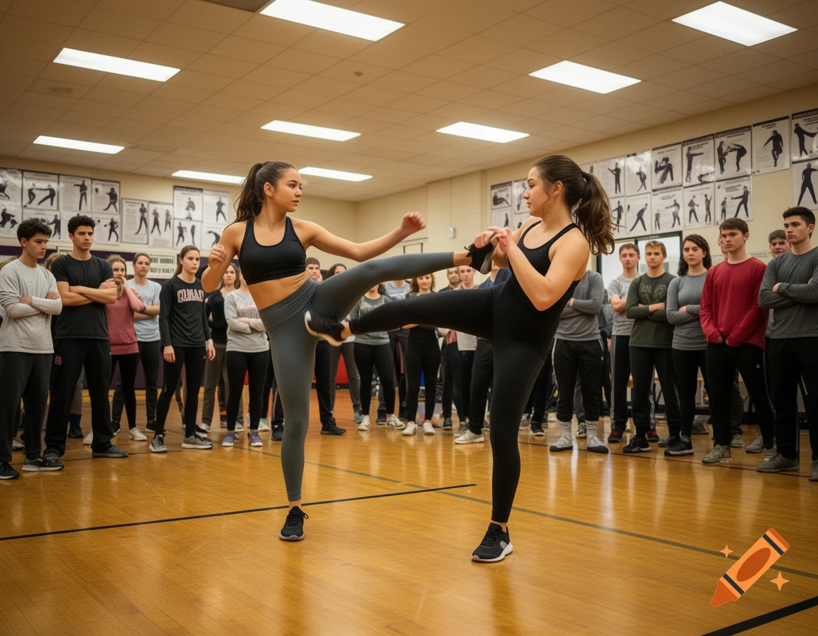 Two young women in athletic wear practice a self-defense kick in a college gym class, observed by other students.