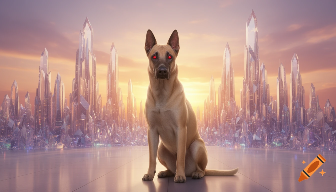 A beige dog with glowing red eyes sits on a reflective surface before a futuristic crystal city bathed in a golden sunset.
