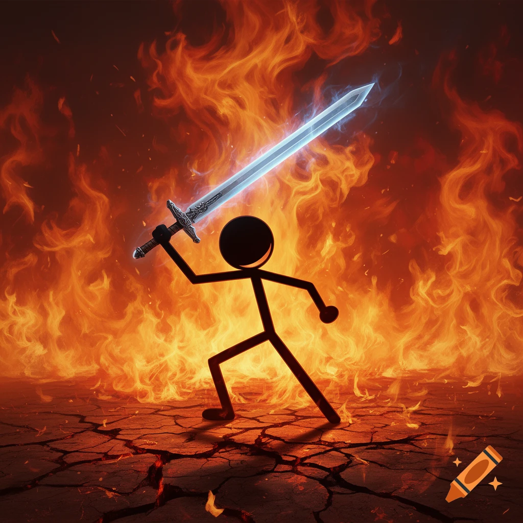 A black stick figure warrior holds a glowing sword aloft against a backdrop of intense flames and cracked, burning ground.