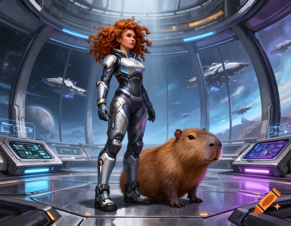 A woman in a futuristic suit stands beside a capybara inside a spaceship with a view of planets and spaceships outside.