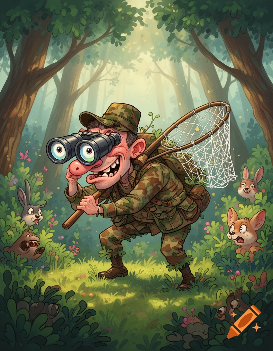 A comically hideous cartoon hunter with large binoculars and a net sneaks through a vibrant green forest, startling small animals.