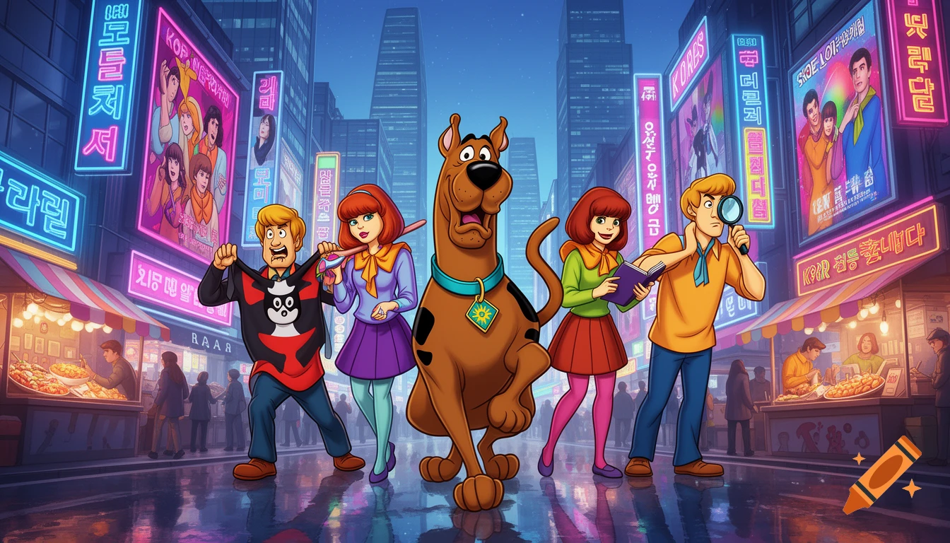 Scooby-Doo and the Mystery Inc. gang stand on a wet street at night, surrounded by neon-lit buildings and market stalls in a vibrant city.
