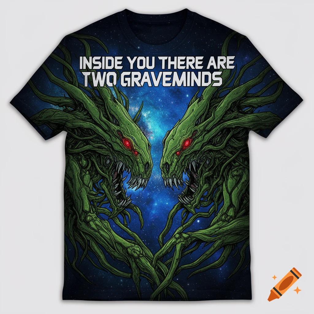 A t-shirt featuring two green, tentacled Gravemind alien monsters with red eyes facing each other on a cosmic background. Text reads, 'Inside you there are two GraveMinds'.