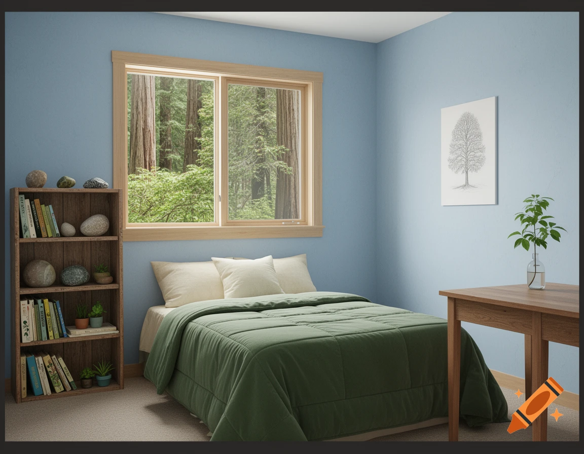 A simplistic bedroom with light blue walls, a bed with a green comforter, a wooden bookshelf, a table, and a window viewing a forest.